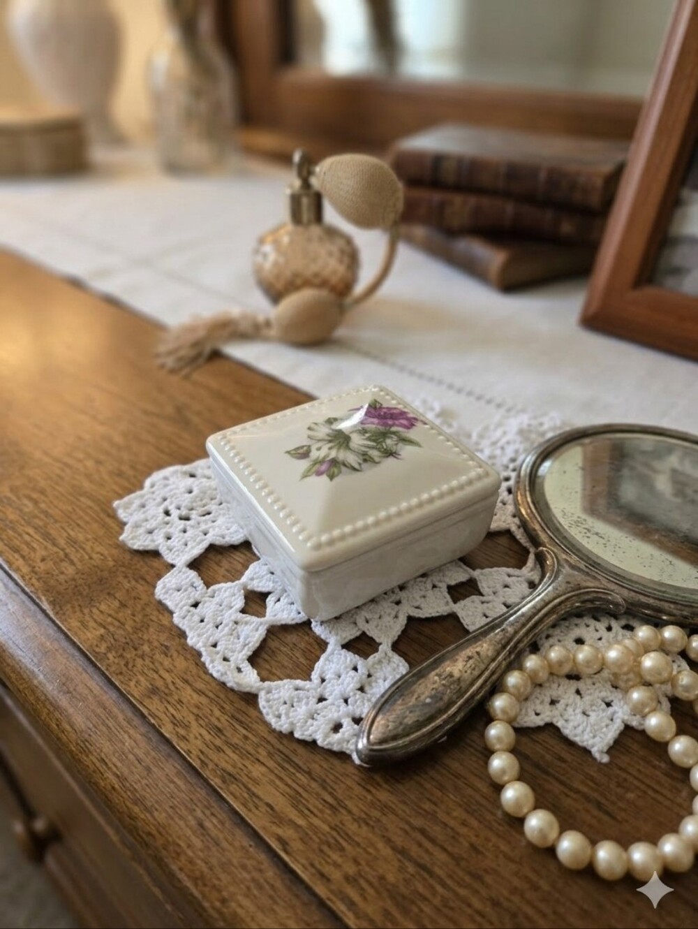 Vintage Porcelain Floral Trinket Box – Beaded Edge Lid – Cottagecore